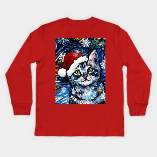 Gray Tabby Kitten Santa Kids Long Sleeve T-Shirt